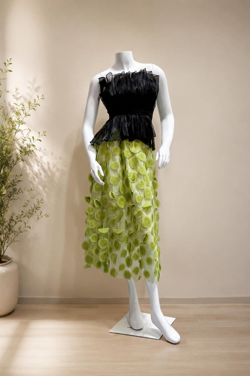 Black Peplum Top Lime Applique Skirt