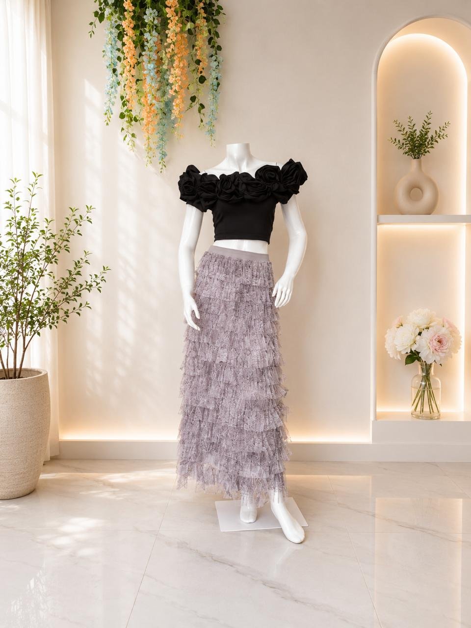 Black Rosette Mauve Ruffle Set