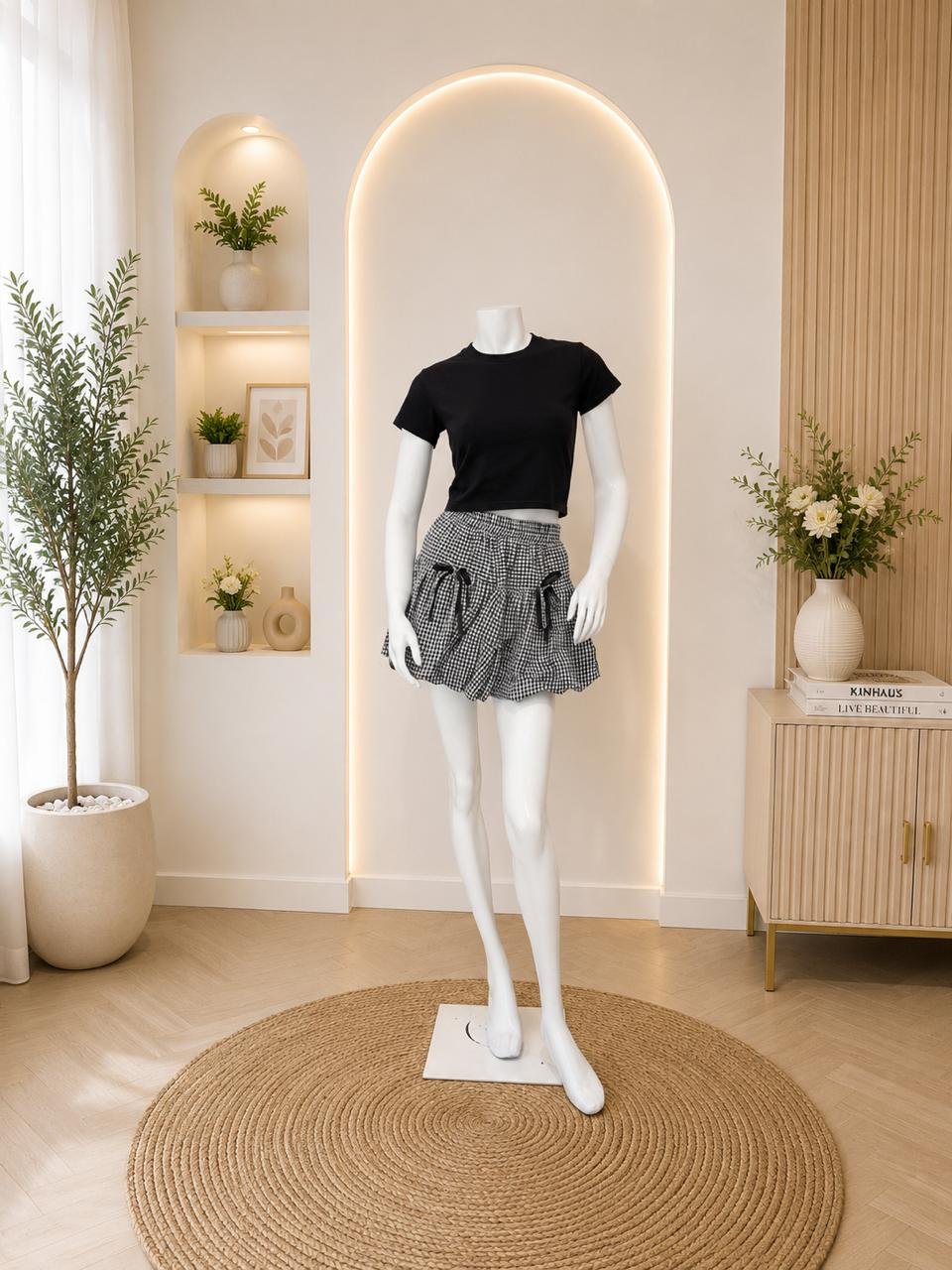 Black Tee Gingham Mini Set