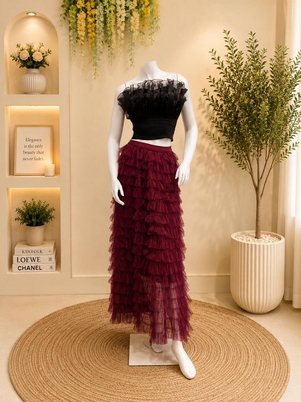 Black Tulle Crop Burgundy Ruffle Set
