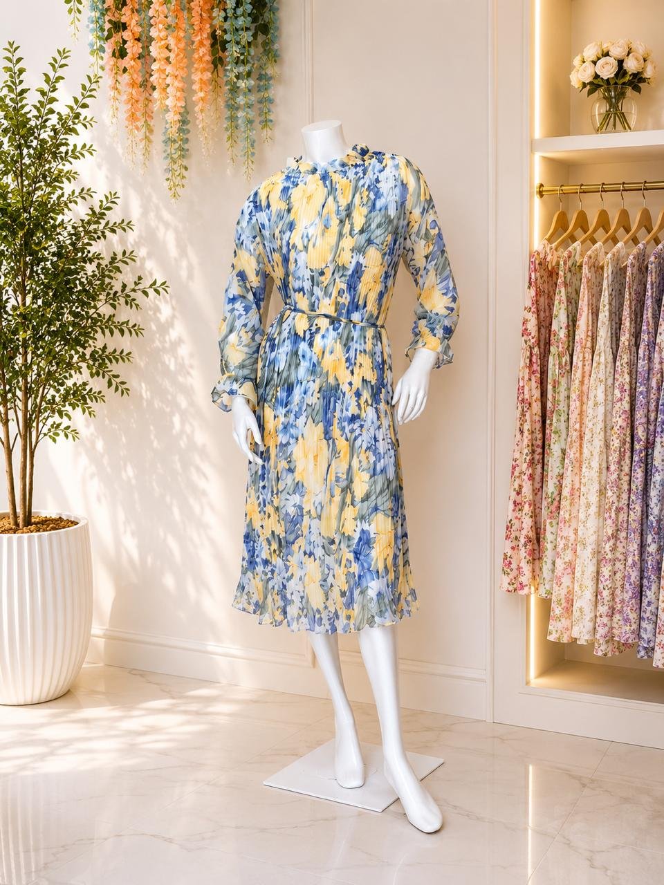 Blue Yellow Floral Pleated Midi Dress