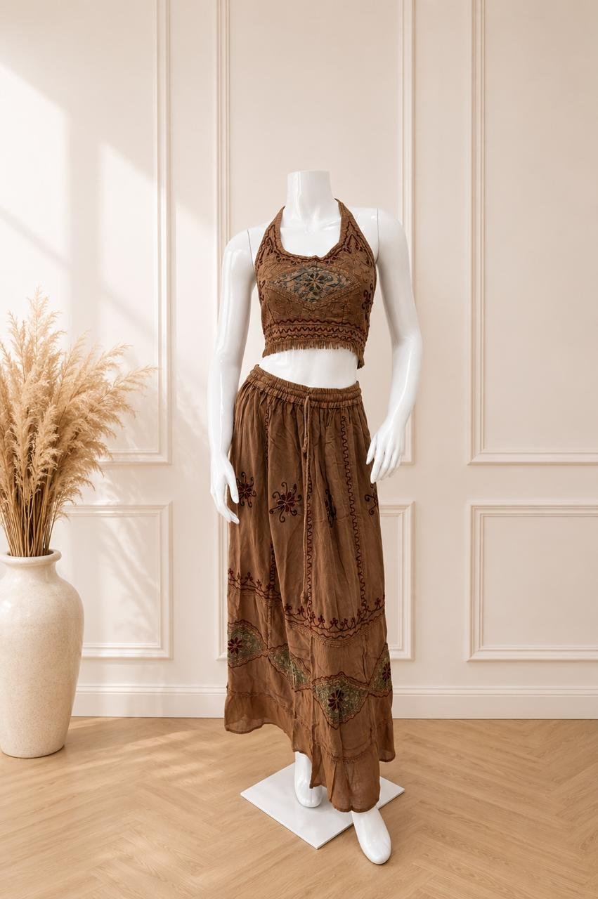 Brown Boho Embroidered Fringe Set