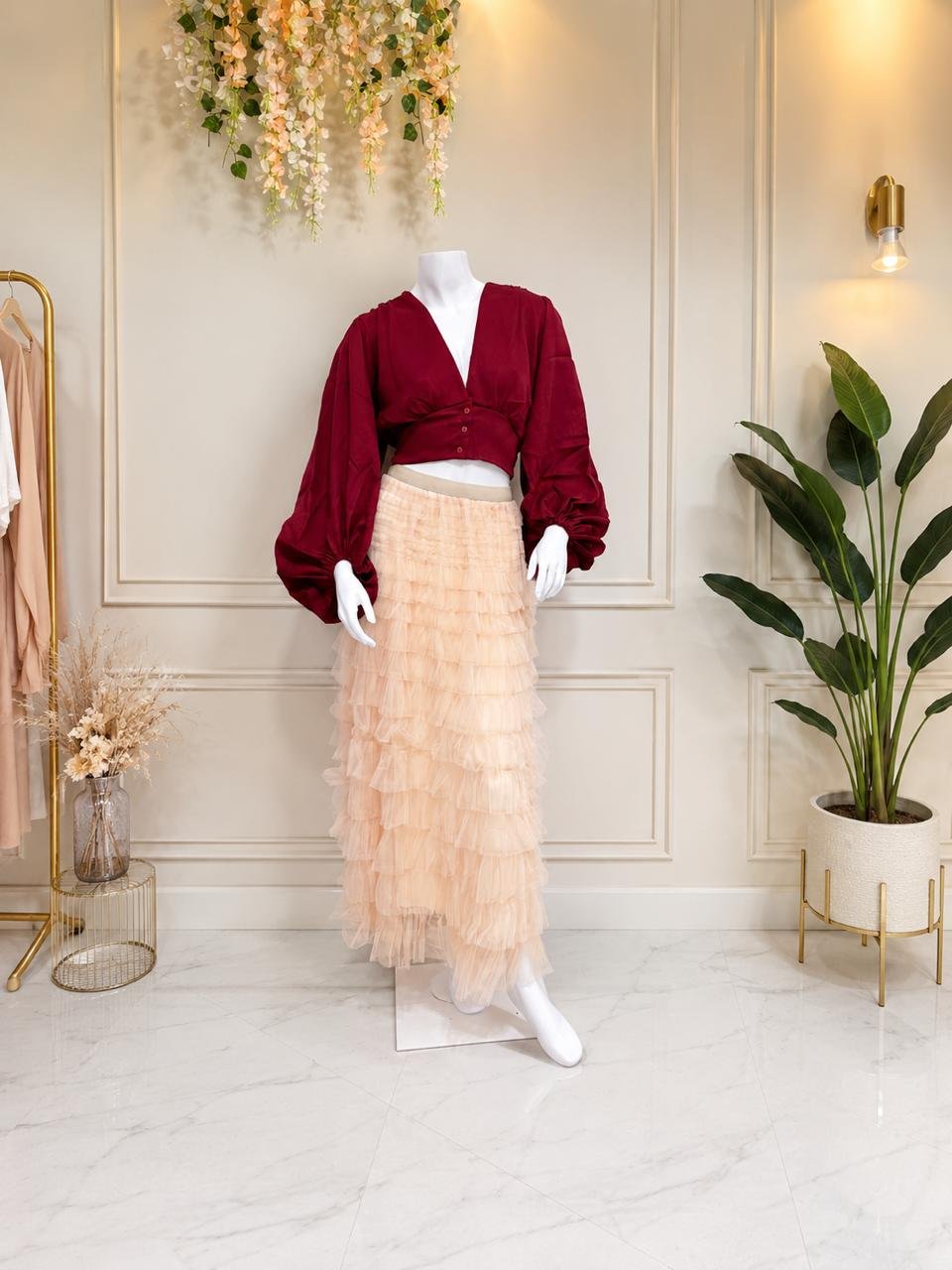 Burgundy Puff Sleeve Tulle Set