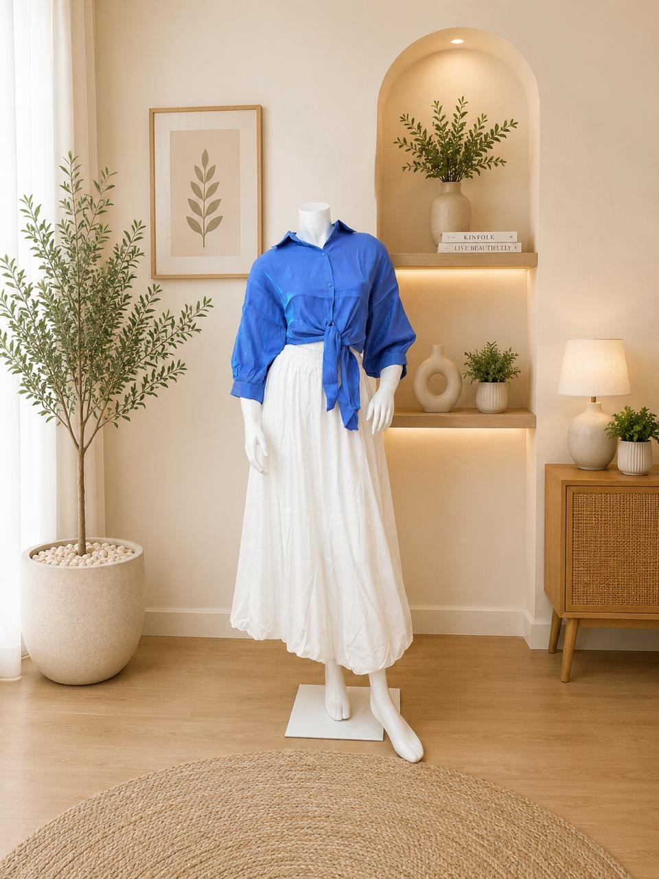 Cobalt Tie Shirt White Maxi Skirt