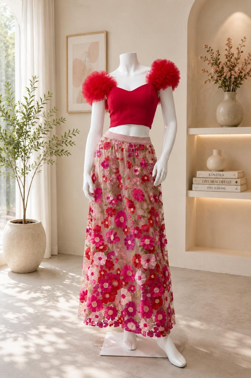 Crimson Ruffle Top Floral Applique Skirt
