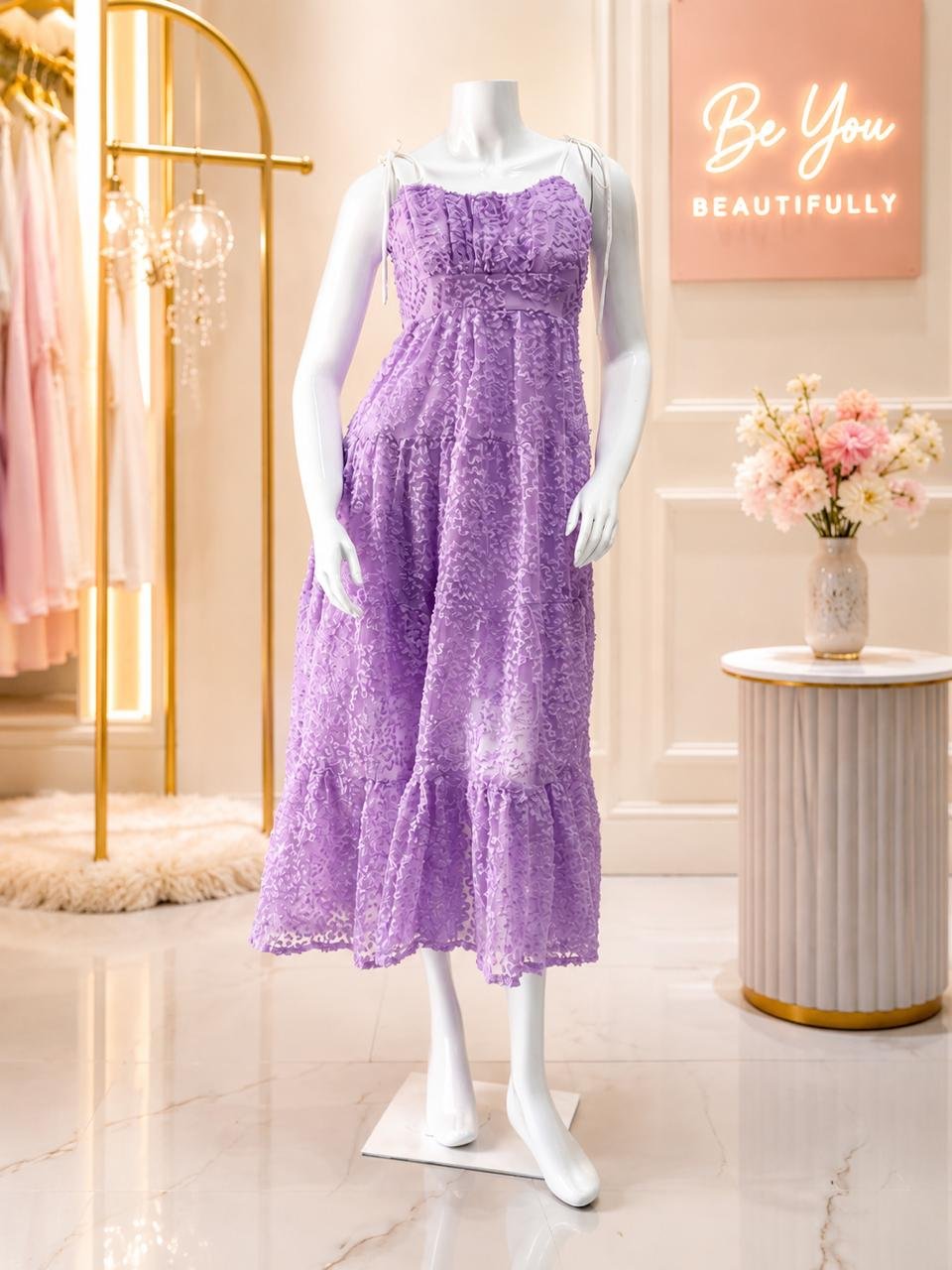 Lavender Textured Lace Tiered Midi Dress