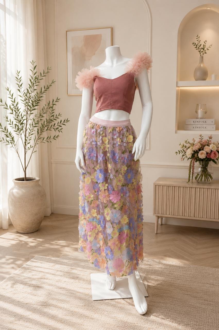 Mauve Top Pastel Floral Applique Skirt