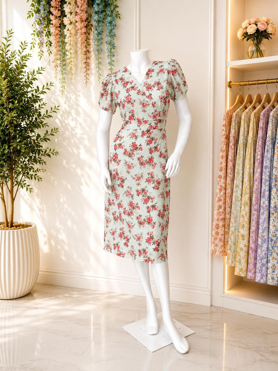 Mint Green Rose Floral V Neck Dress
