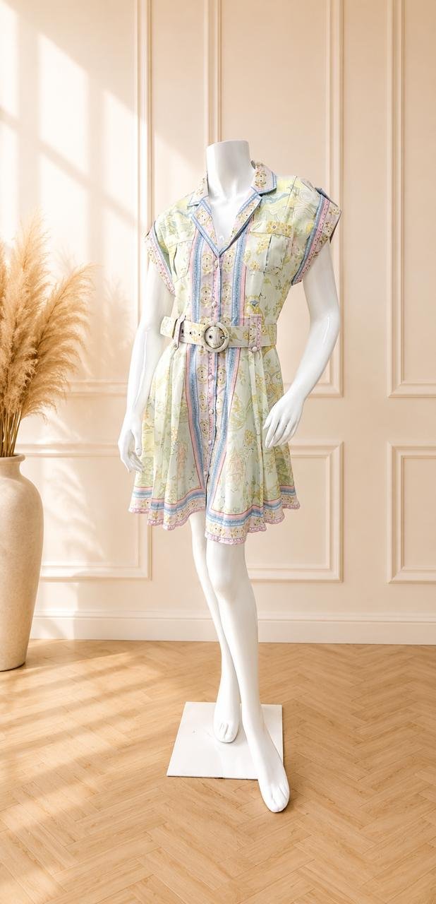 Pastel Border Print Belted Shirt Dress
