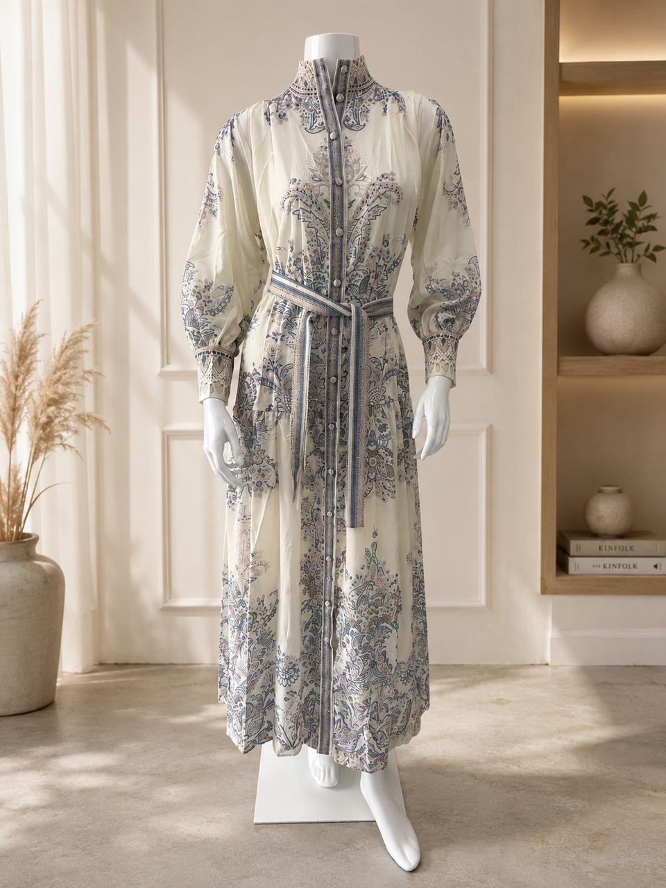 Porcelain Paisley Print Maxi Shirt Dress