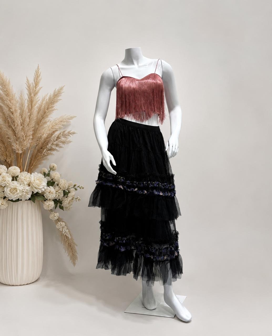 Rose Fringe Top Black Tulle Skirt