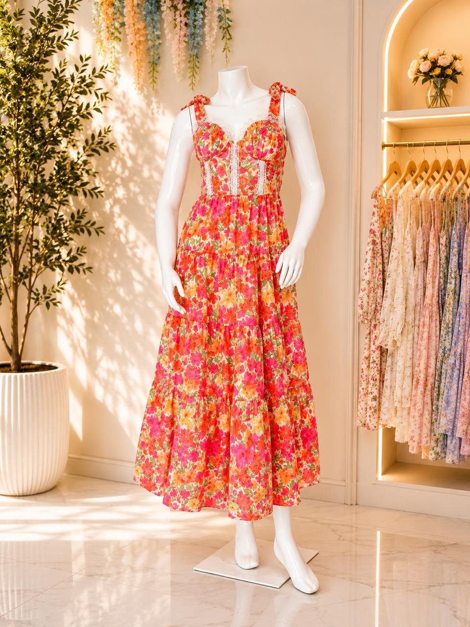 Vibrant Floral Corset Tiered Maxi Dress