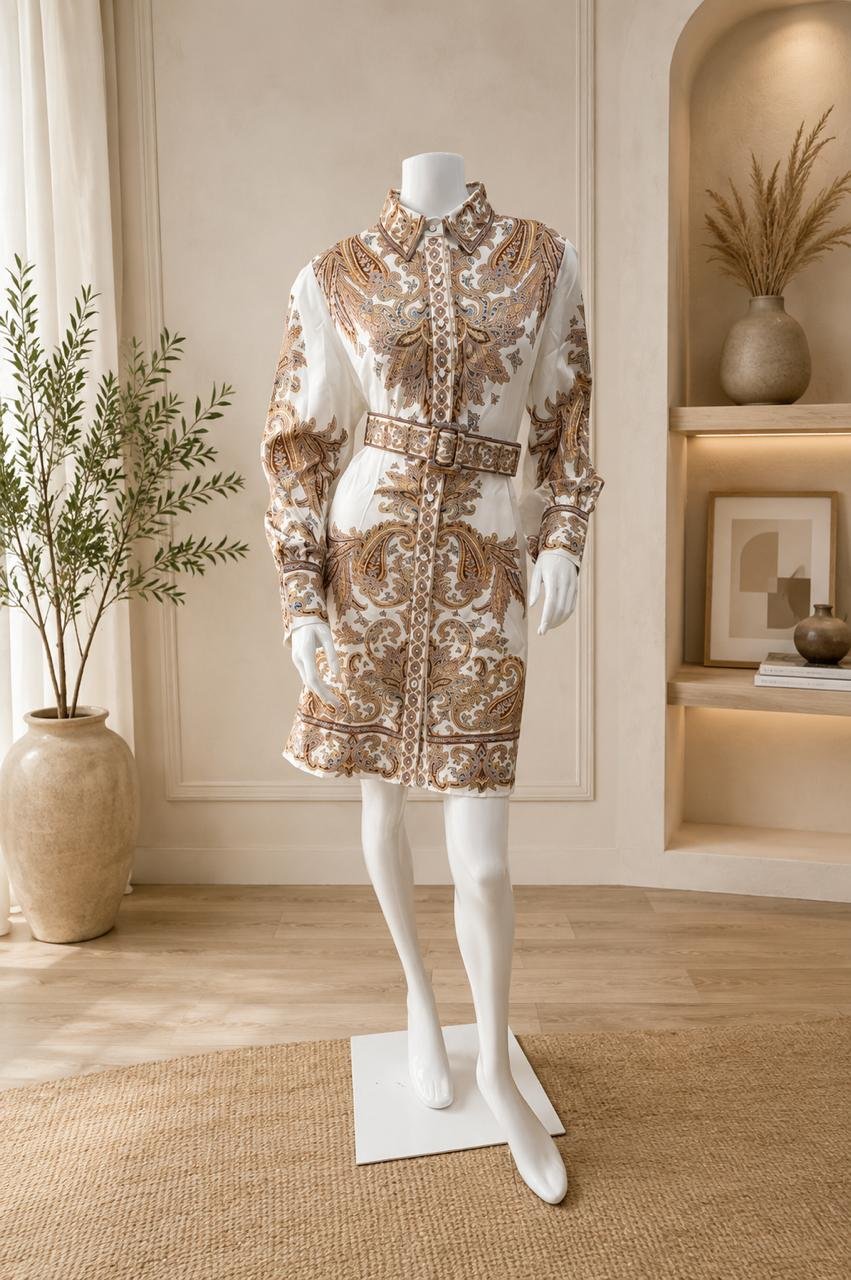 White Gold Baroque Print Shirt Dress