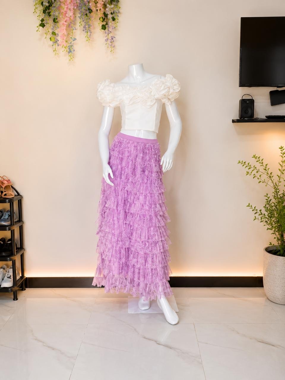 White Rosette Lavender Maxi Set